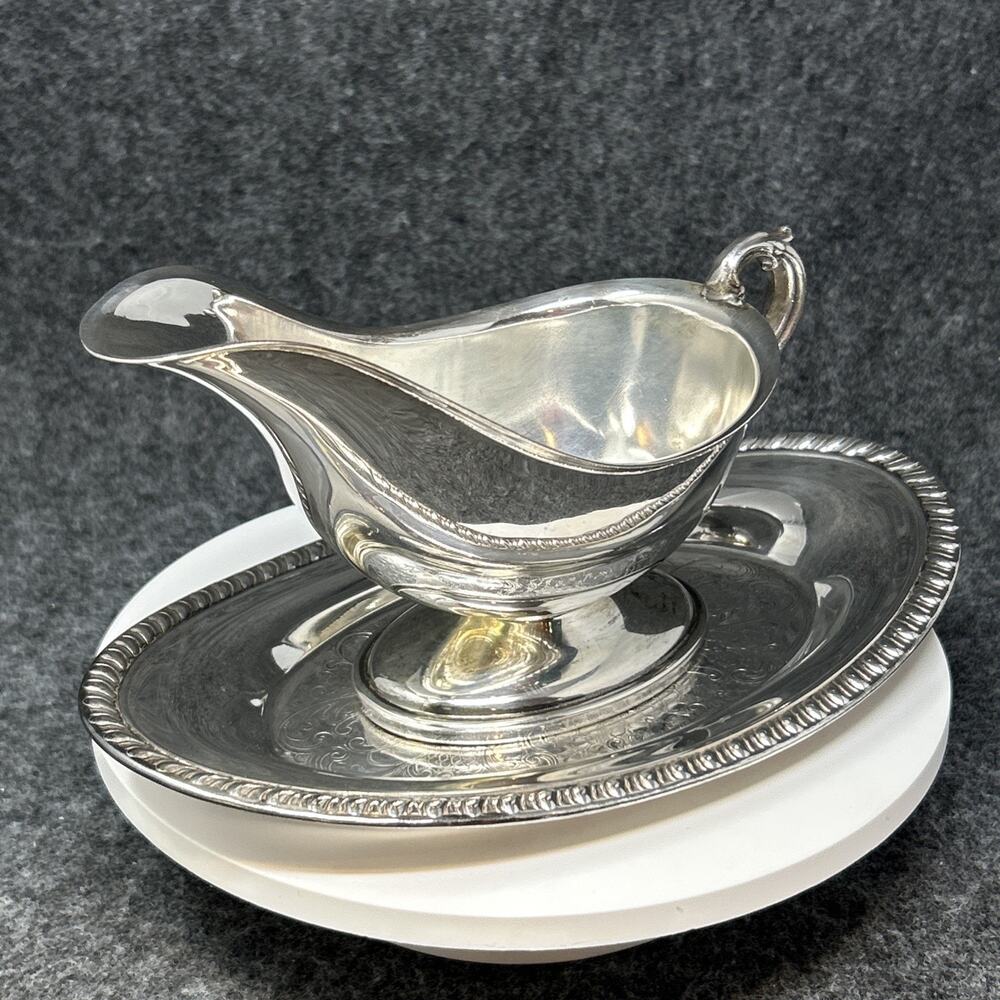 Vintage Imperial Silver Plate Tray w/ Gravy Boat Ornate Elegant Decor 2pc Set